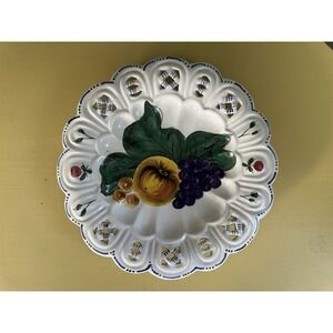 Vintage Italian Hand Painted Pierced Ceramic Plate Fruit Motif 9" Wall‎ Decor
